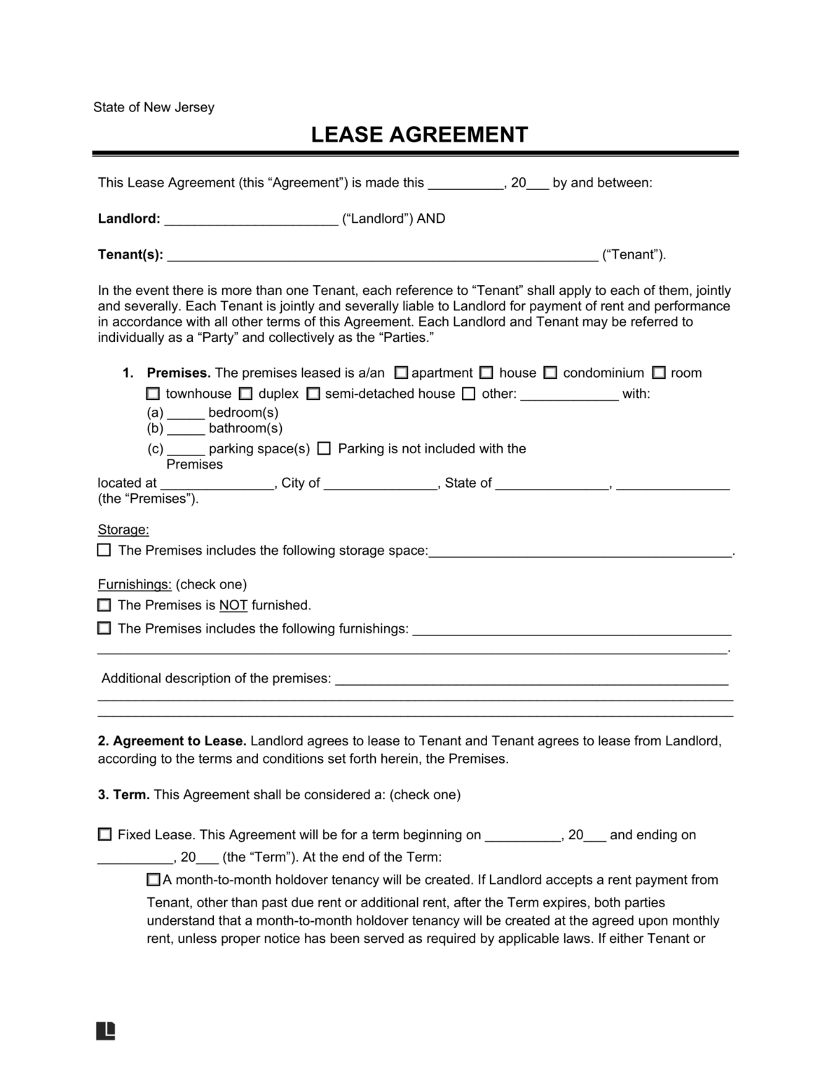 New Jersey Residential Lease Agreement Legal Templates