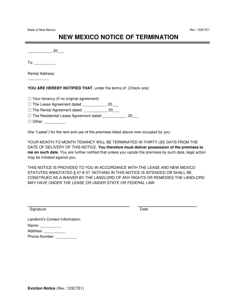 Free New Mexico Lease Termination Letter Form 30Day Notice