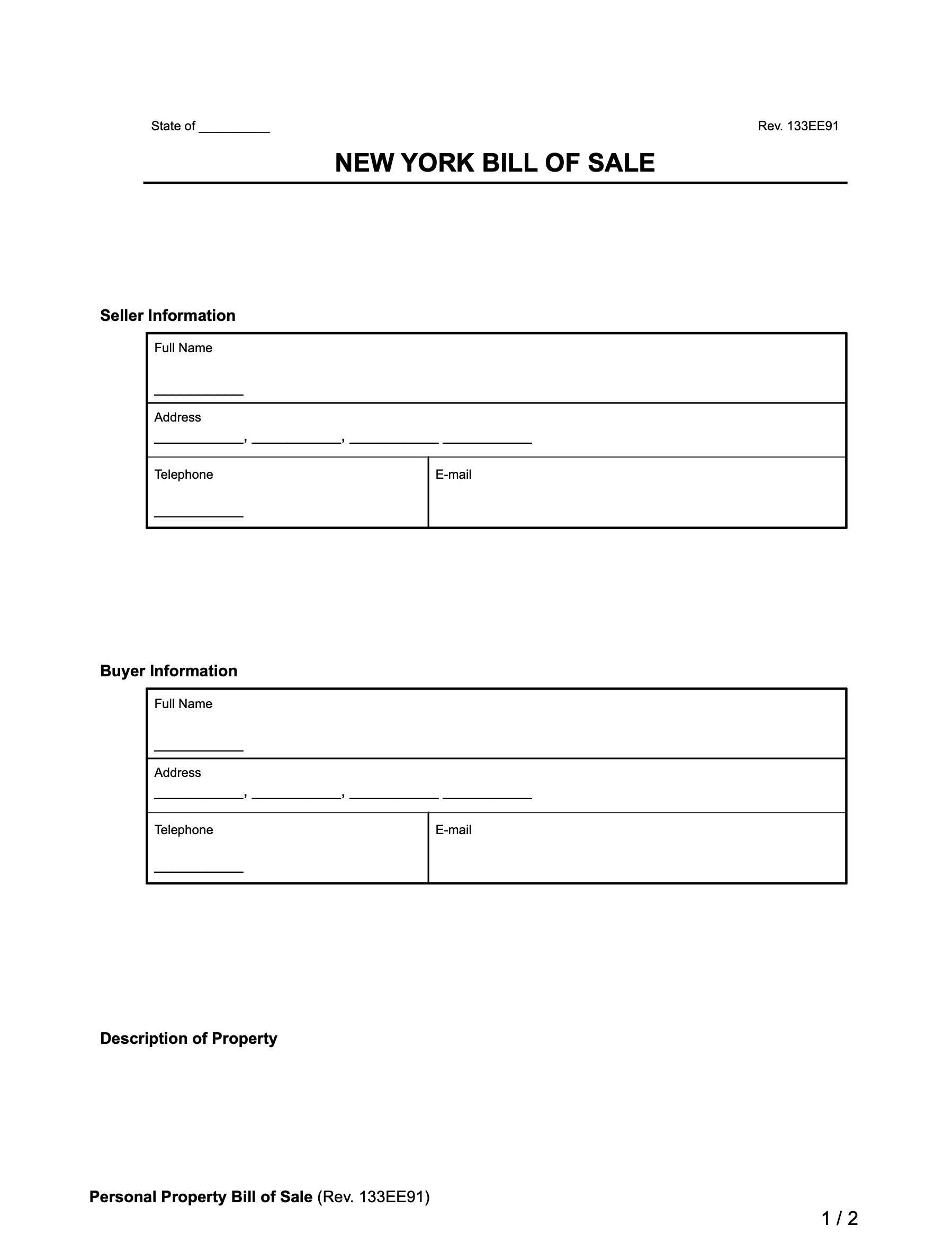 new york bill of sale form