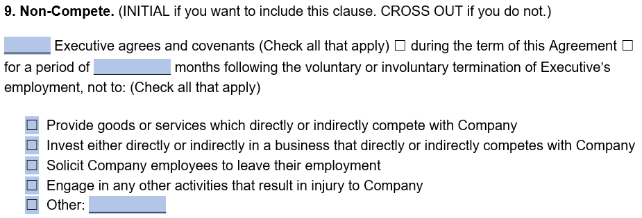 An example of a non-compete clause in our executive employment agreement template.