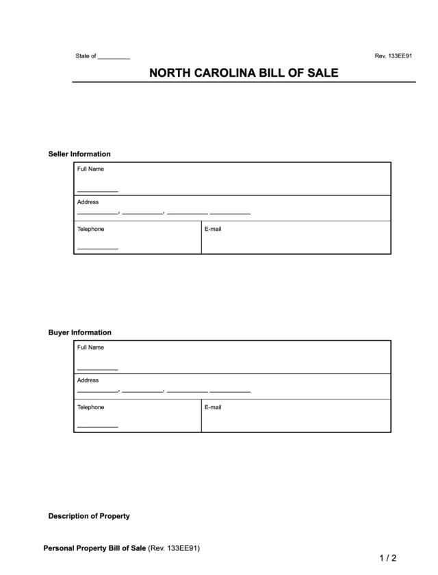 North Carolina Bill of Sale Form