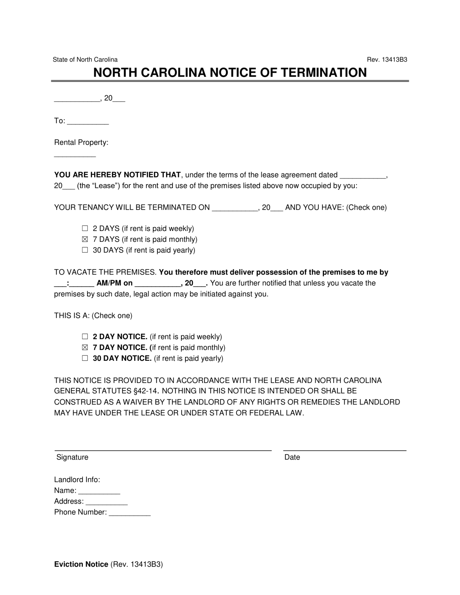 Free North Carolina Lease Termination Letter Form | 7-Day Notice