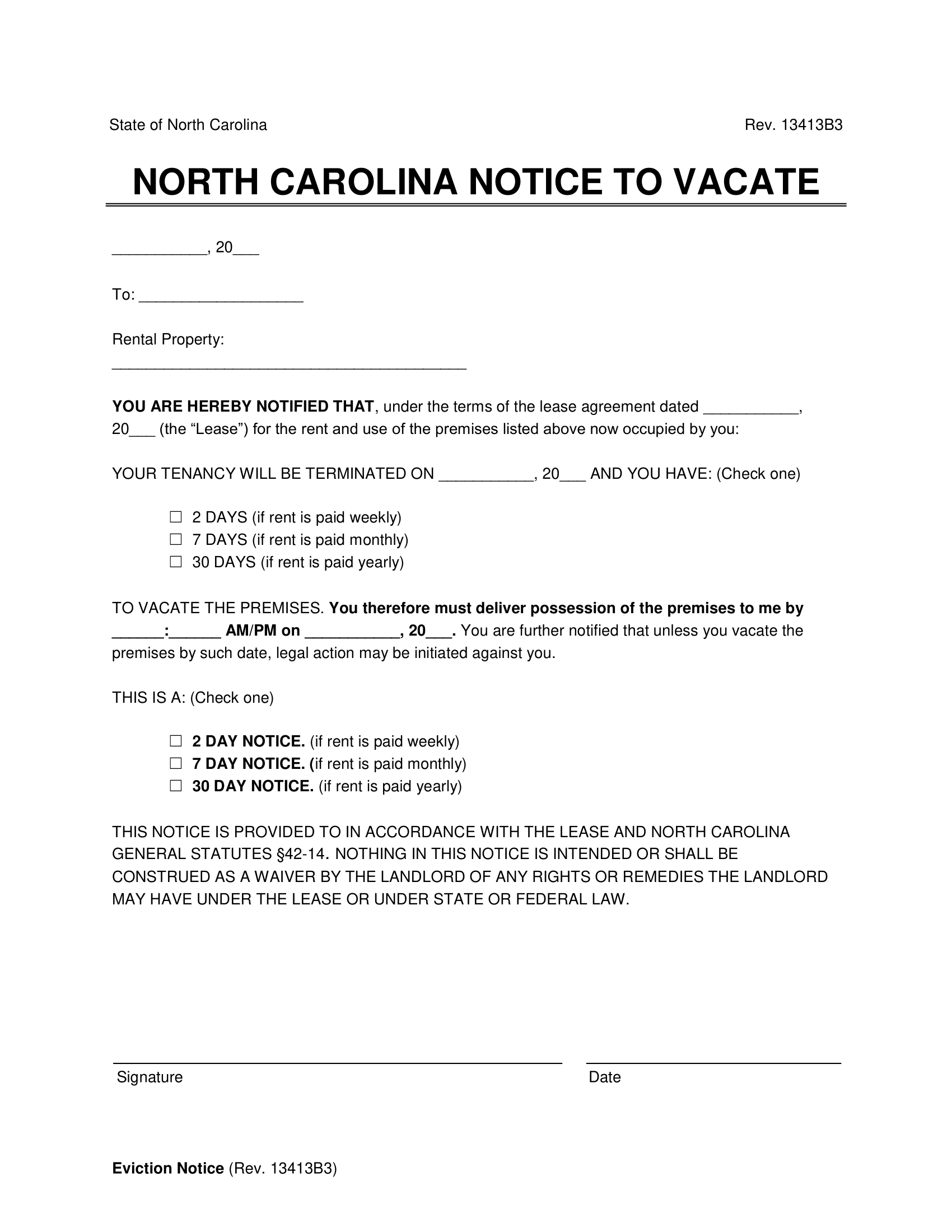 North Carolina Lease Termination letter