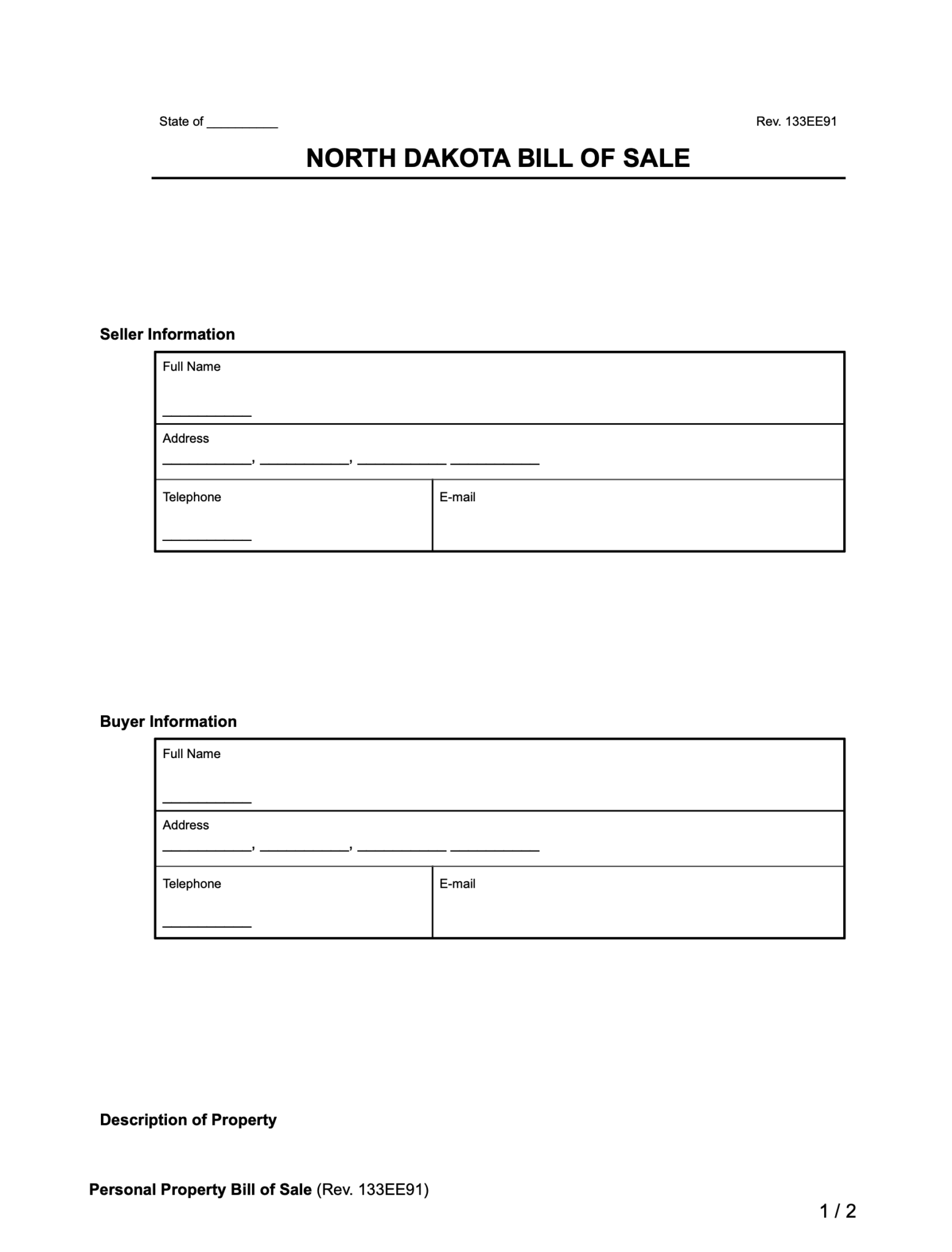 Free North Dakota Bill of Sale Form PDF & Word