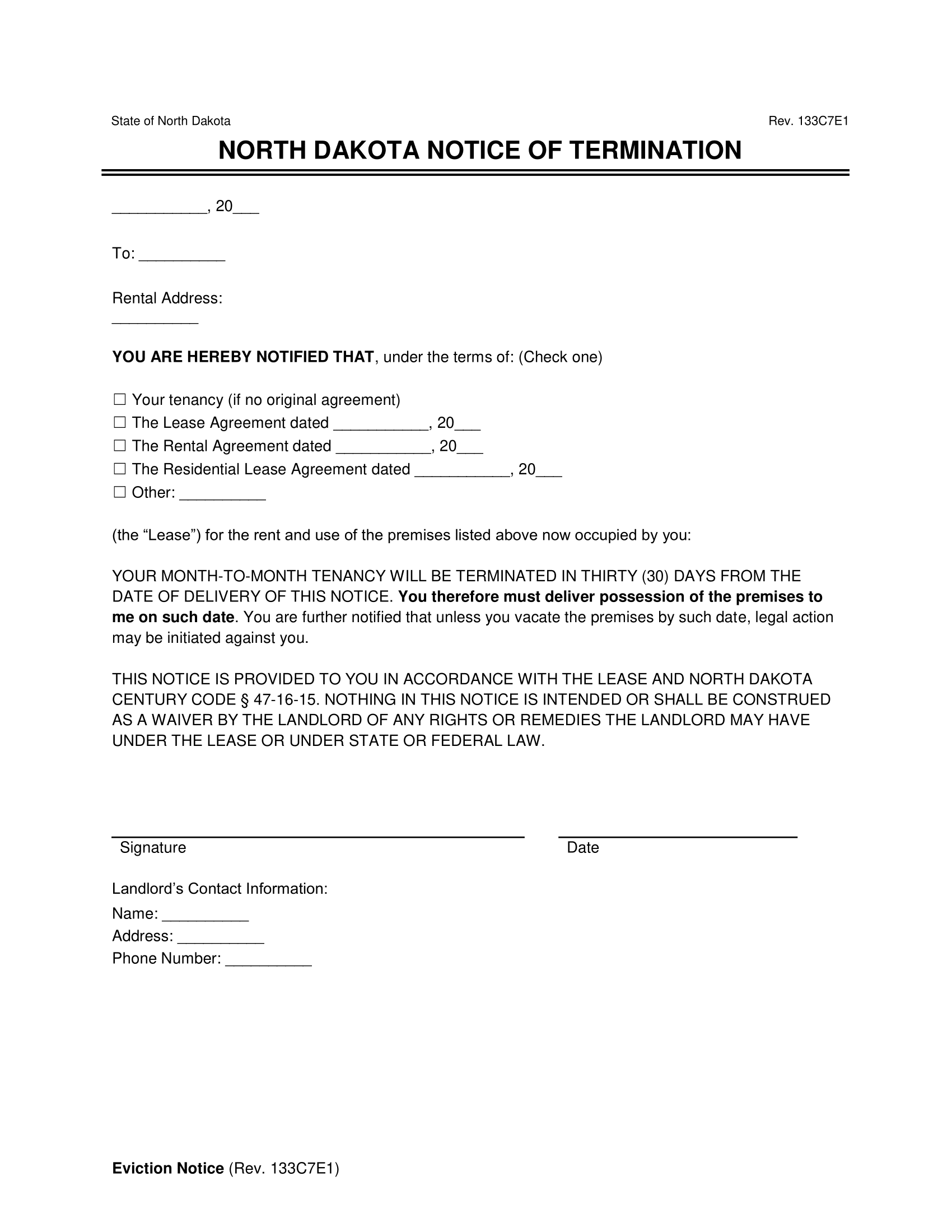 north dakota 30-day month-to-month lease termination