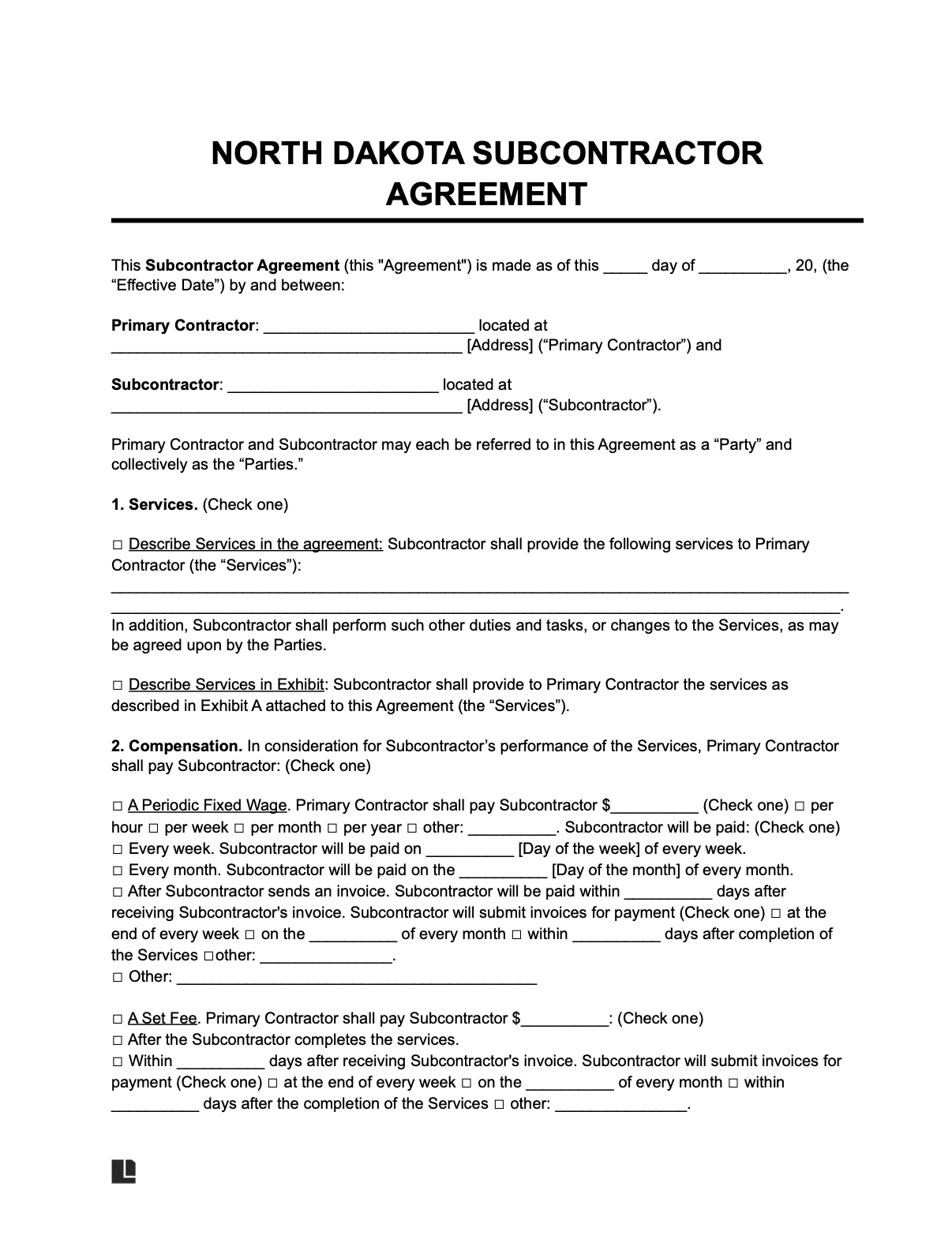 north dakota subcontractor agreement template