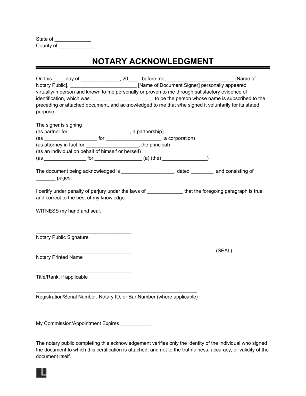 Free Notary Acknowledgment Form PDF & Word