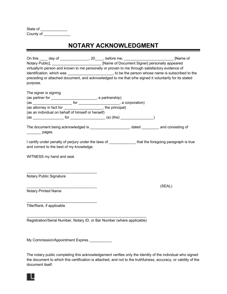 Free Notary Acknowledgment Form | PDF & Word