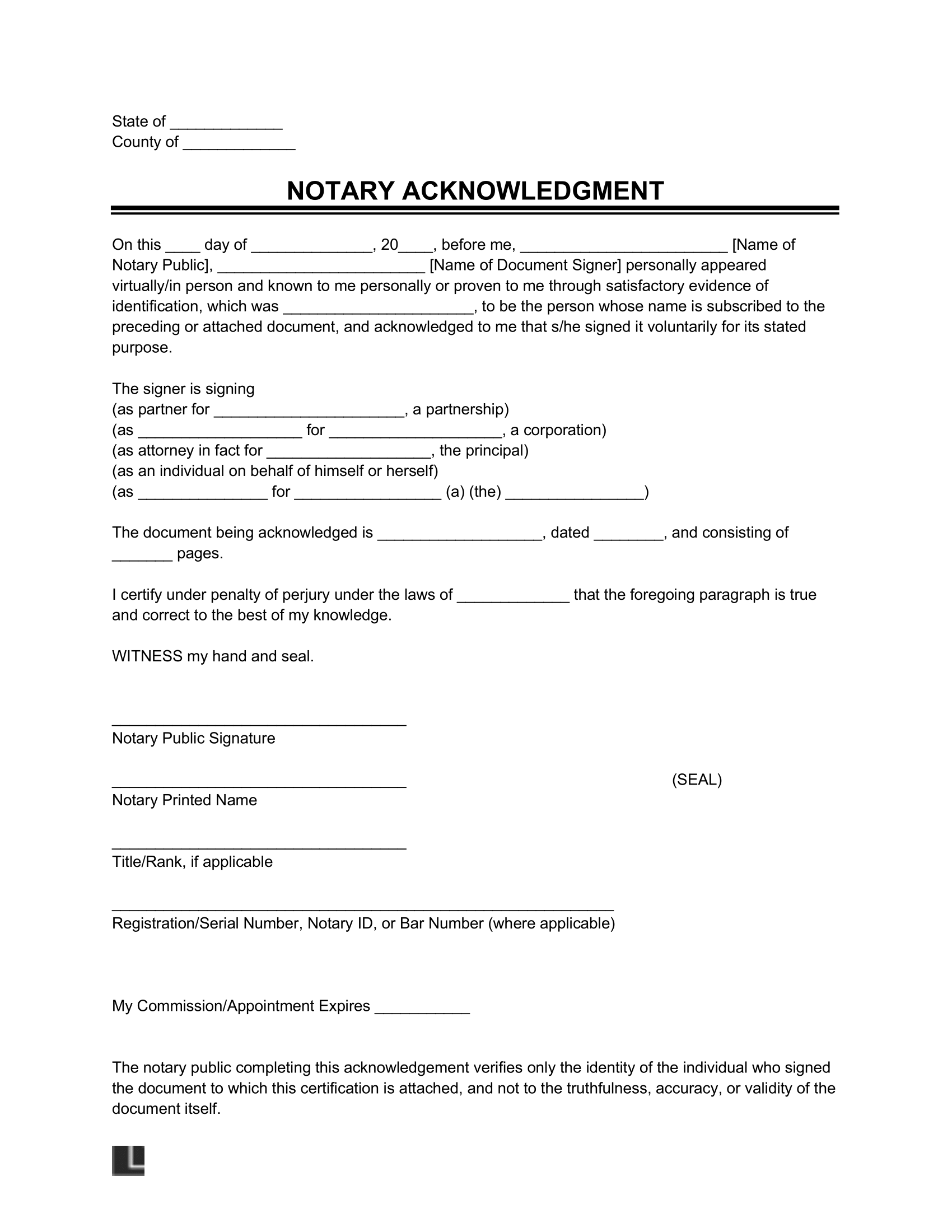 Free Notary Acknowledgment Form PDF Word