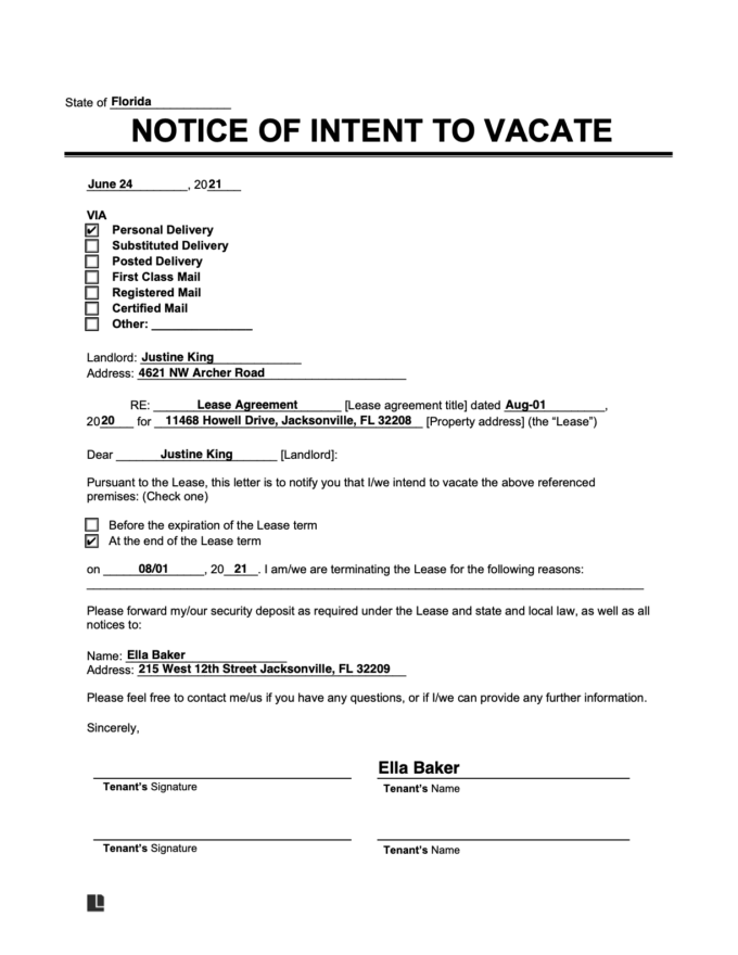 notice of intent to vacate sample