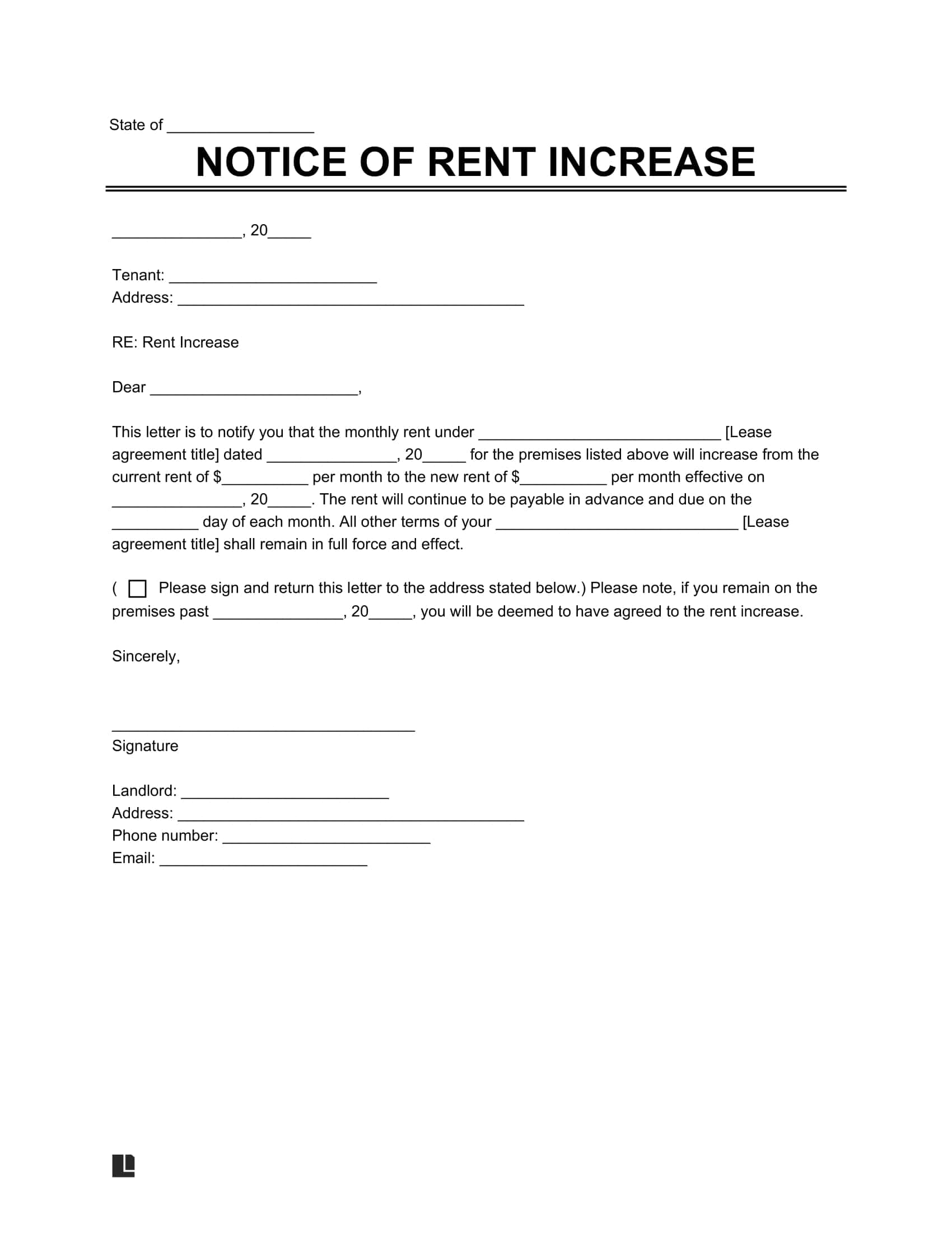 Notice of rent increase screenshot