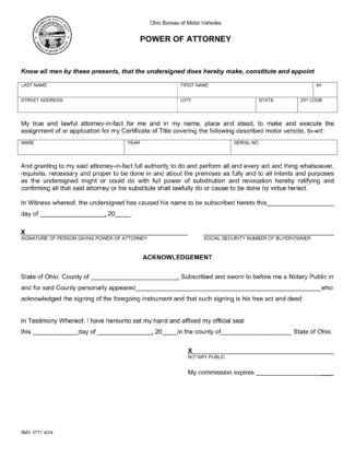 Free Ohio Motor Vehicle Power of Attorney | Form BMV 3771 | PDF Download