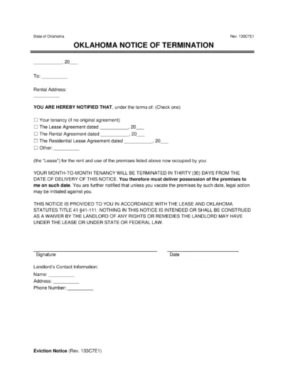 Oklahoma 30-day Lease Termination Letter