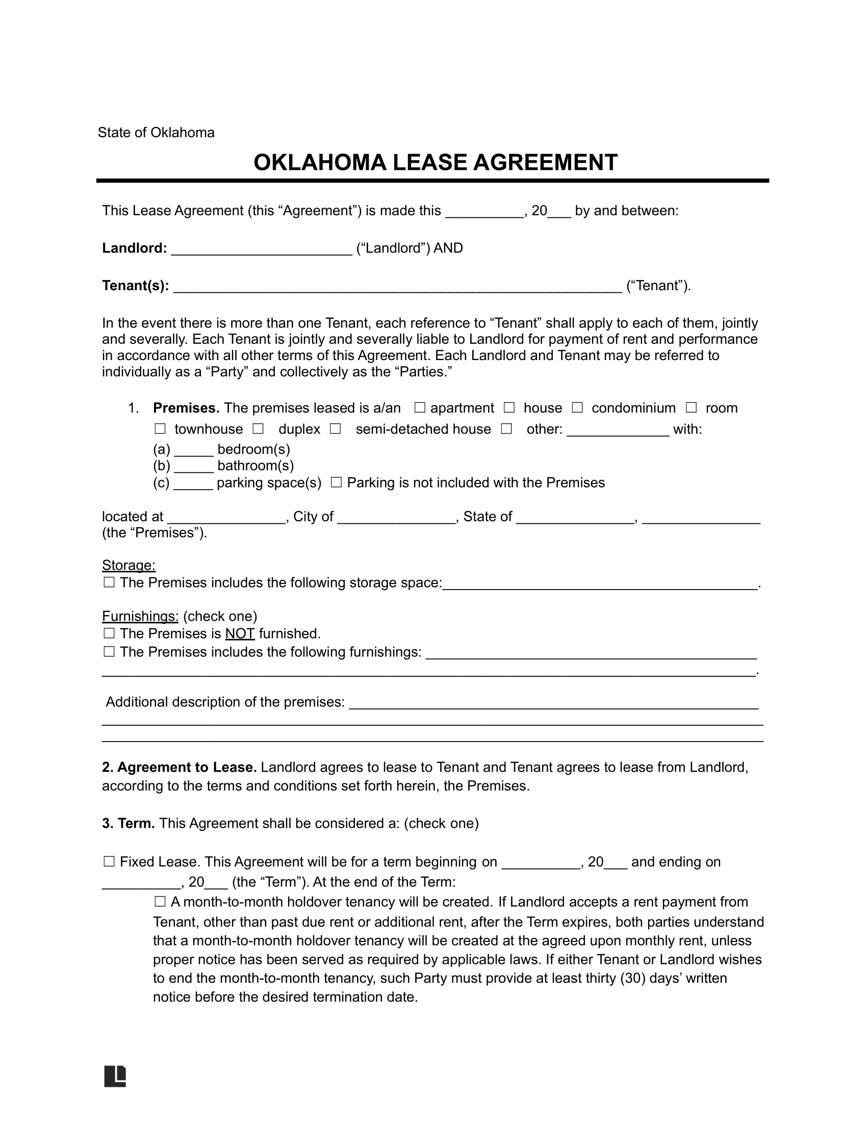 Oklahoma Residential Lease/Rental Agreement Form Legal Templates