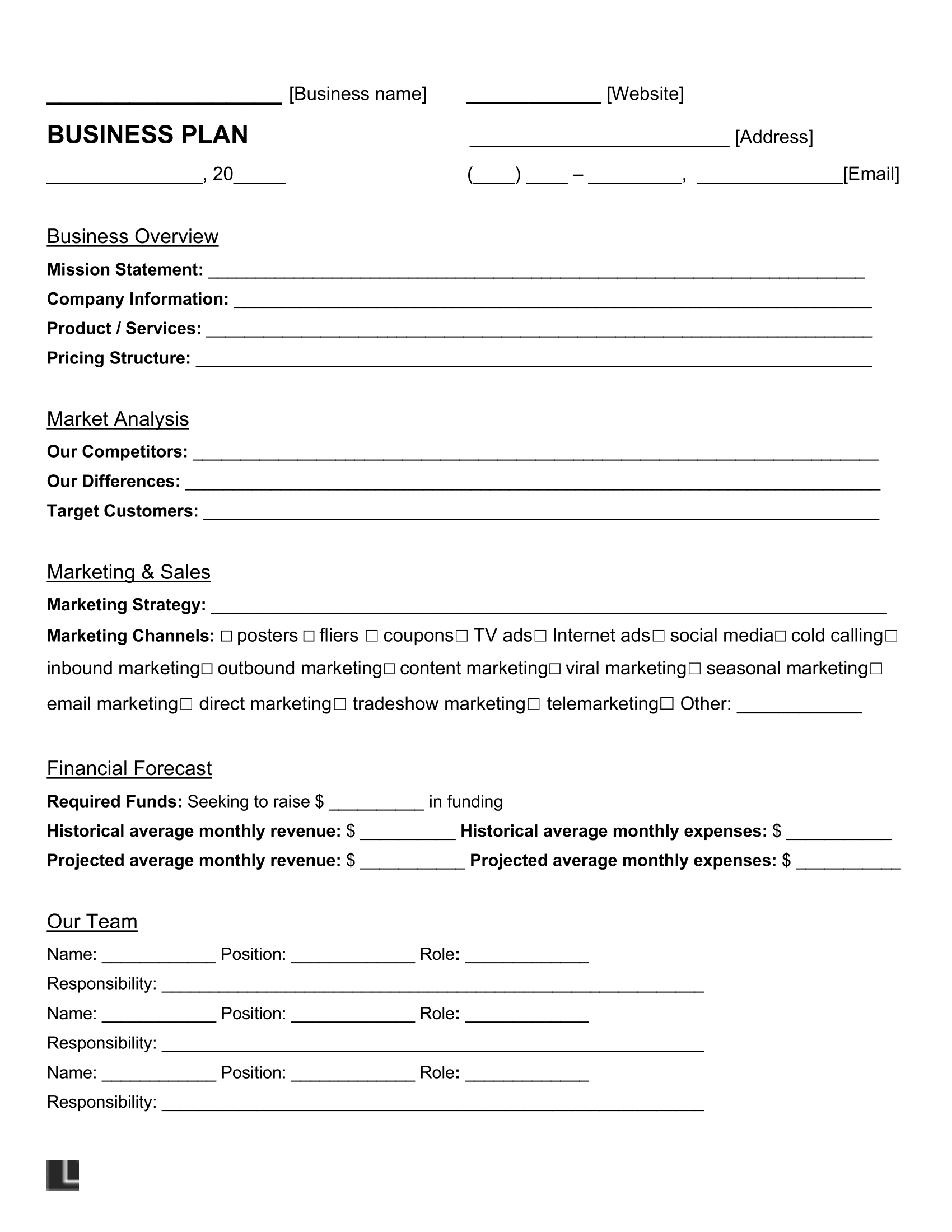 one page business plans templates