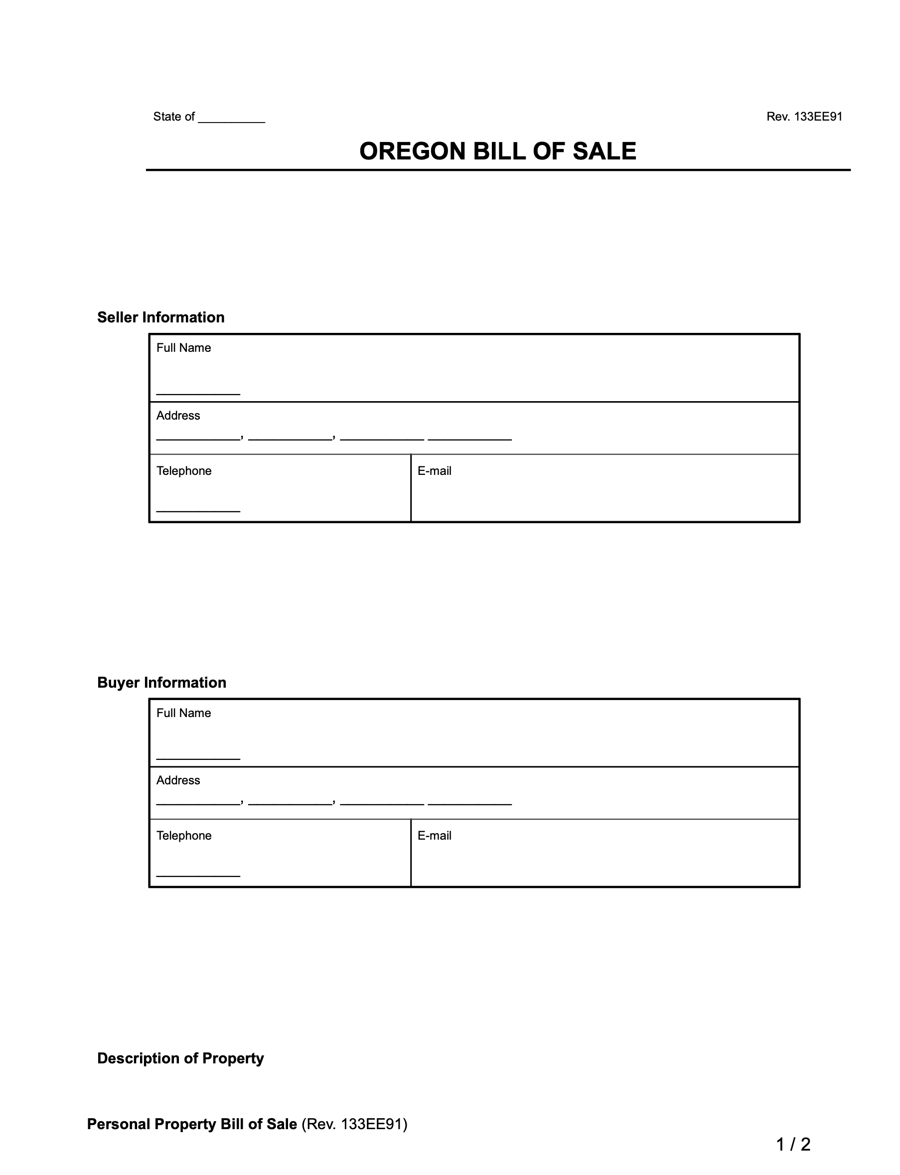 Oregon Bill of Sale Form