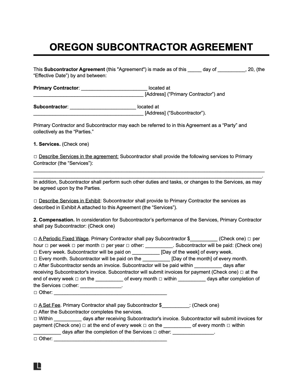 oregon subcontractor agreement template