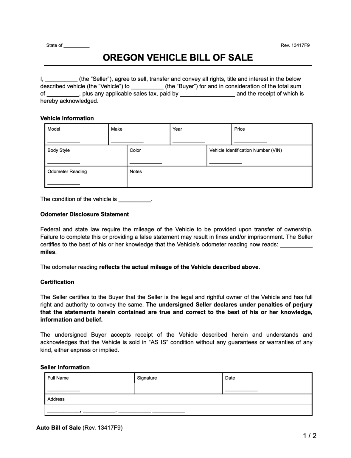 Free Oregon Motor Vehicle Bill of Sale Form | Legal Templates