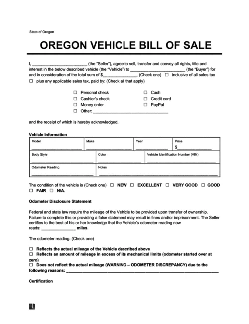 oregon vehicle bill of sale