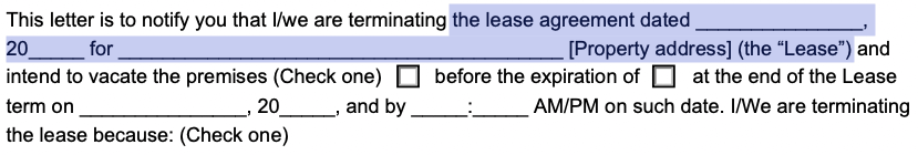 original rental agreement section in lease termination letter