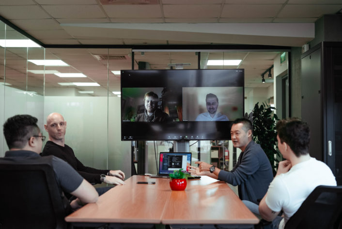 Howard (second to the left) and the executives holding an online meeting.
