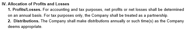 An example of where to detail payment information in our single-member LLC operating agreement template.