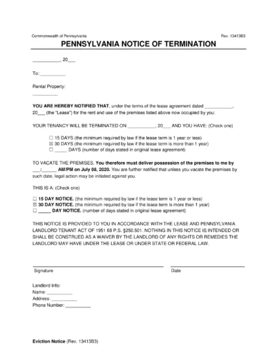 Pennsylvania 30-day Lease Termination Letter