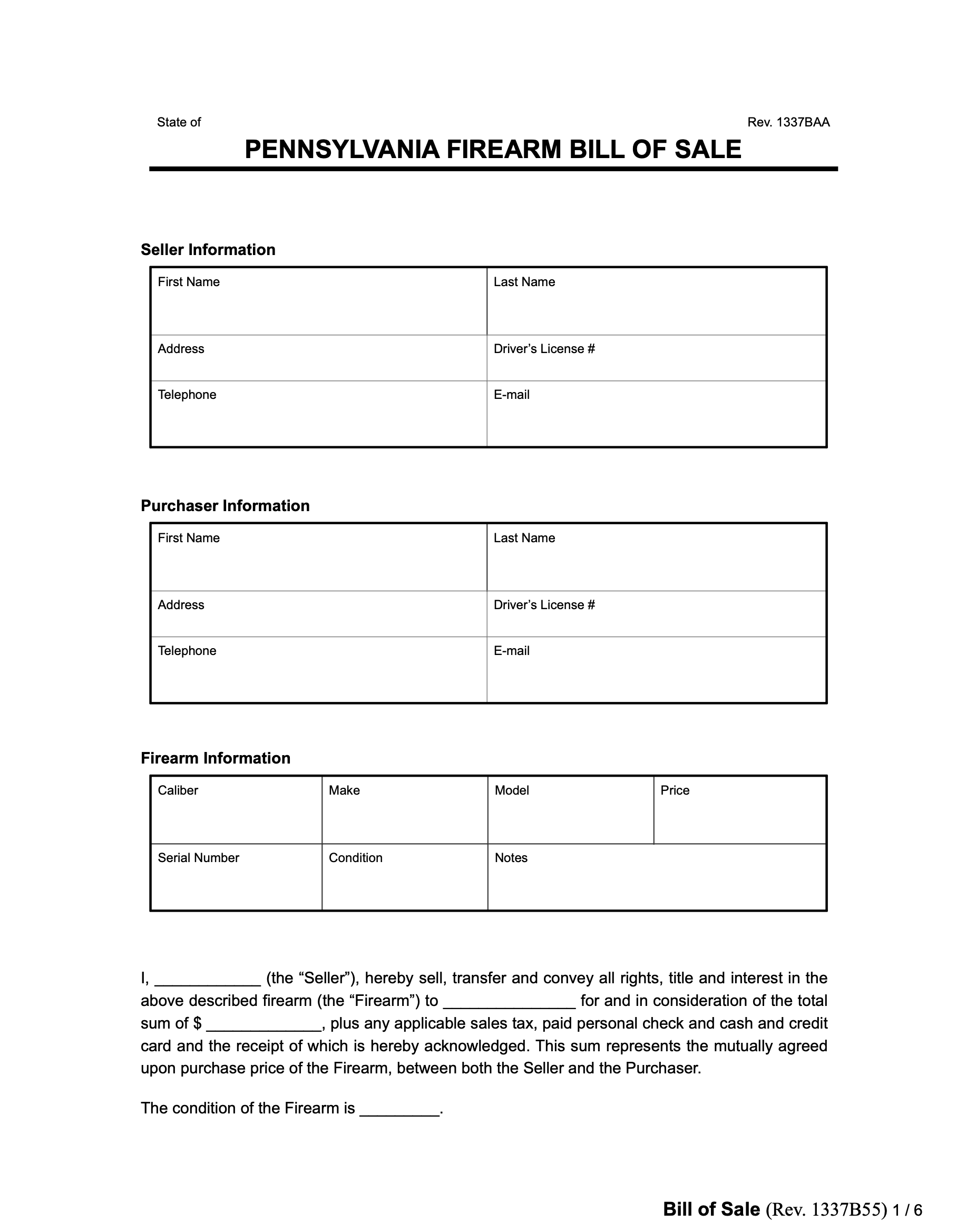 Pennsylvania firearm bill of sale form