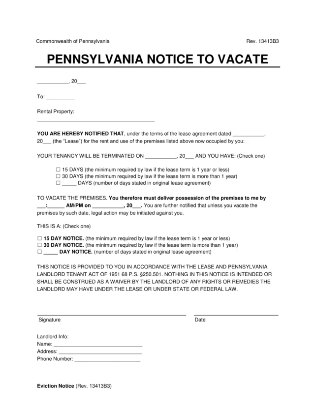 Pennsylvania Lease Termination Letters