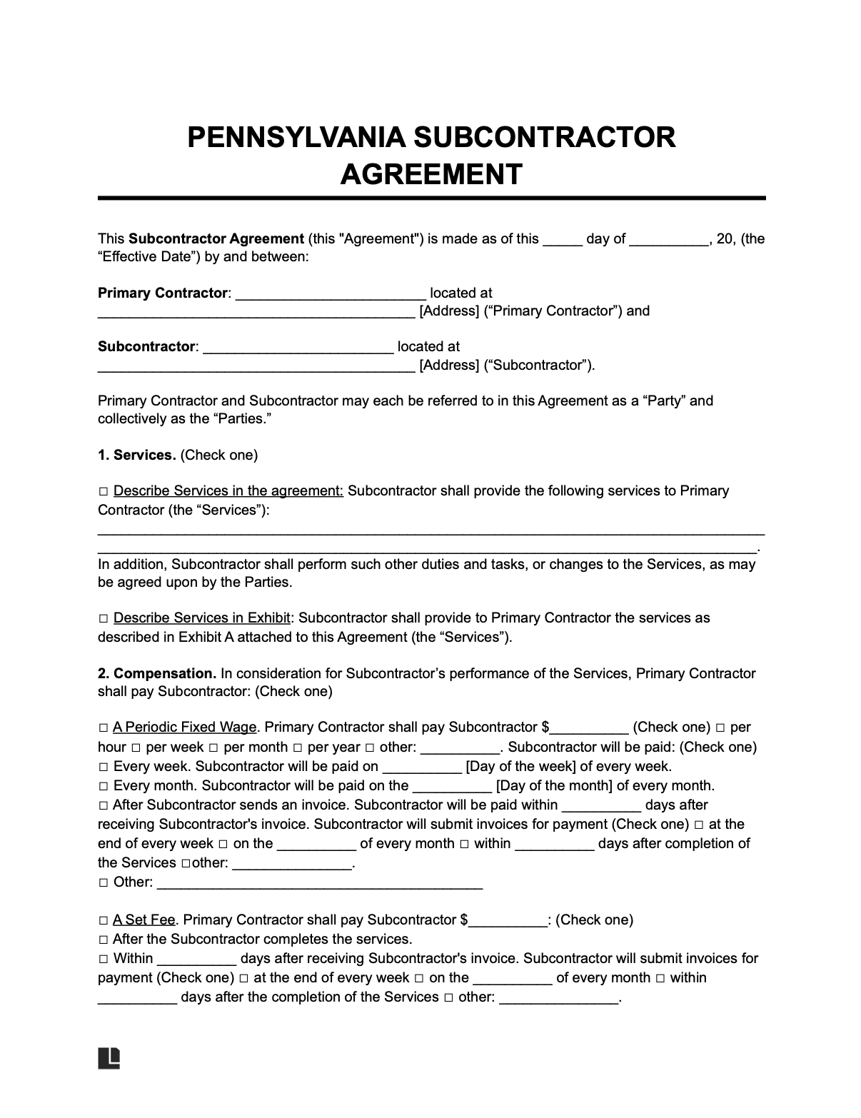 pennsylvania subcontractor agreement template