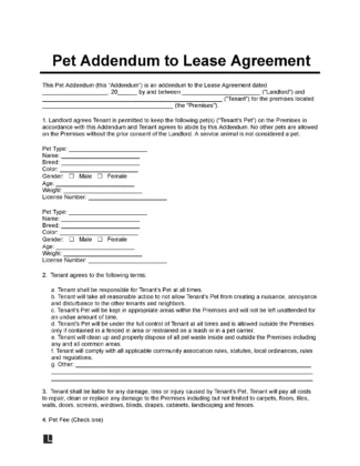 pet addendum to lease agreement template