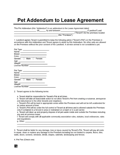 pet addendum to lease agreement template