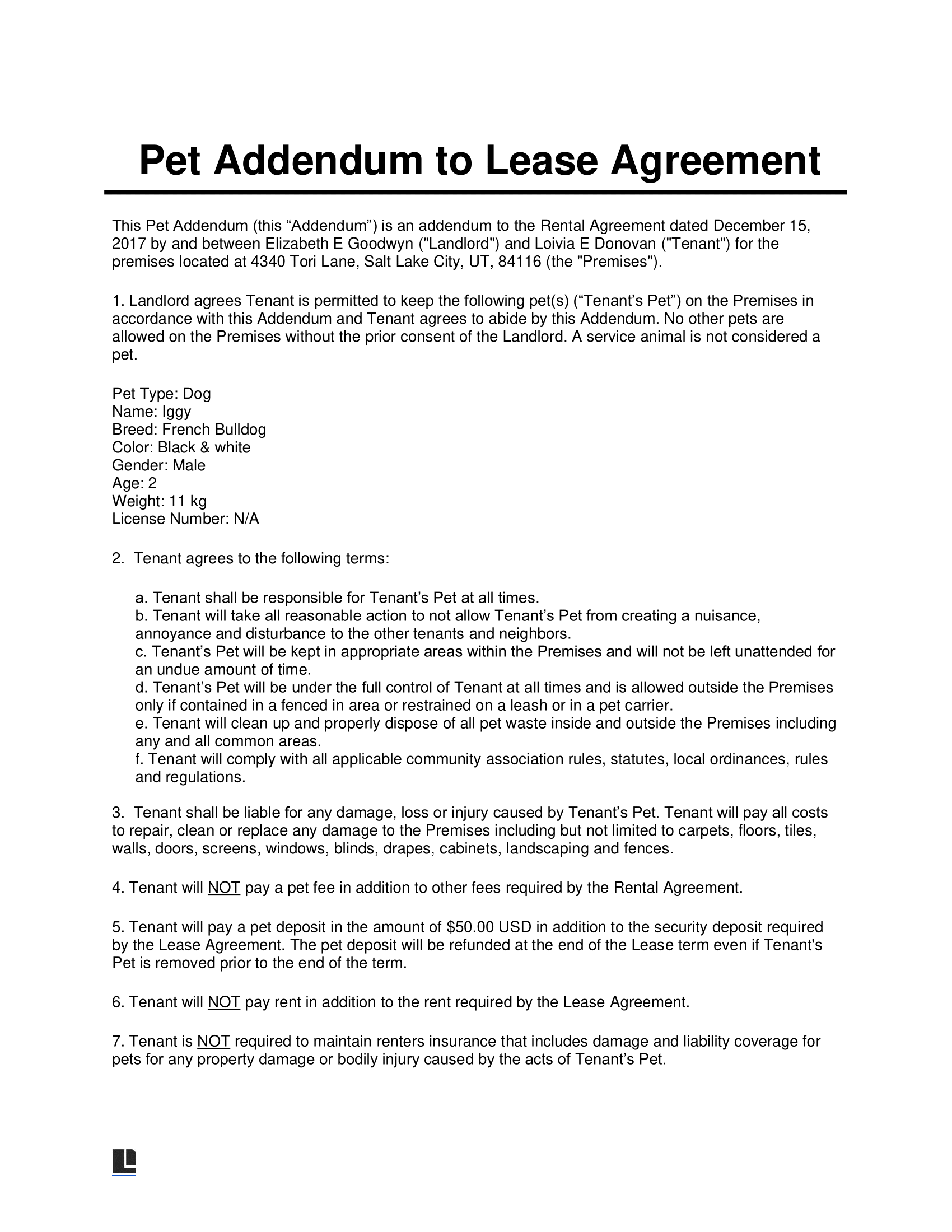pet addendum lease agreement sample