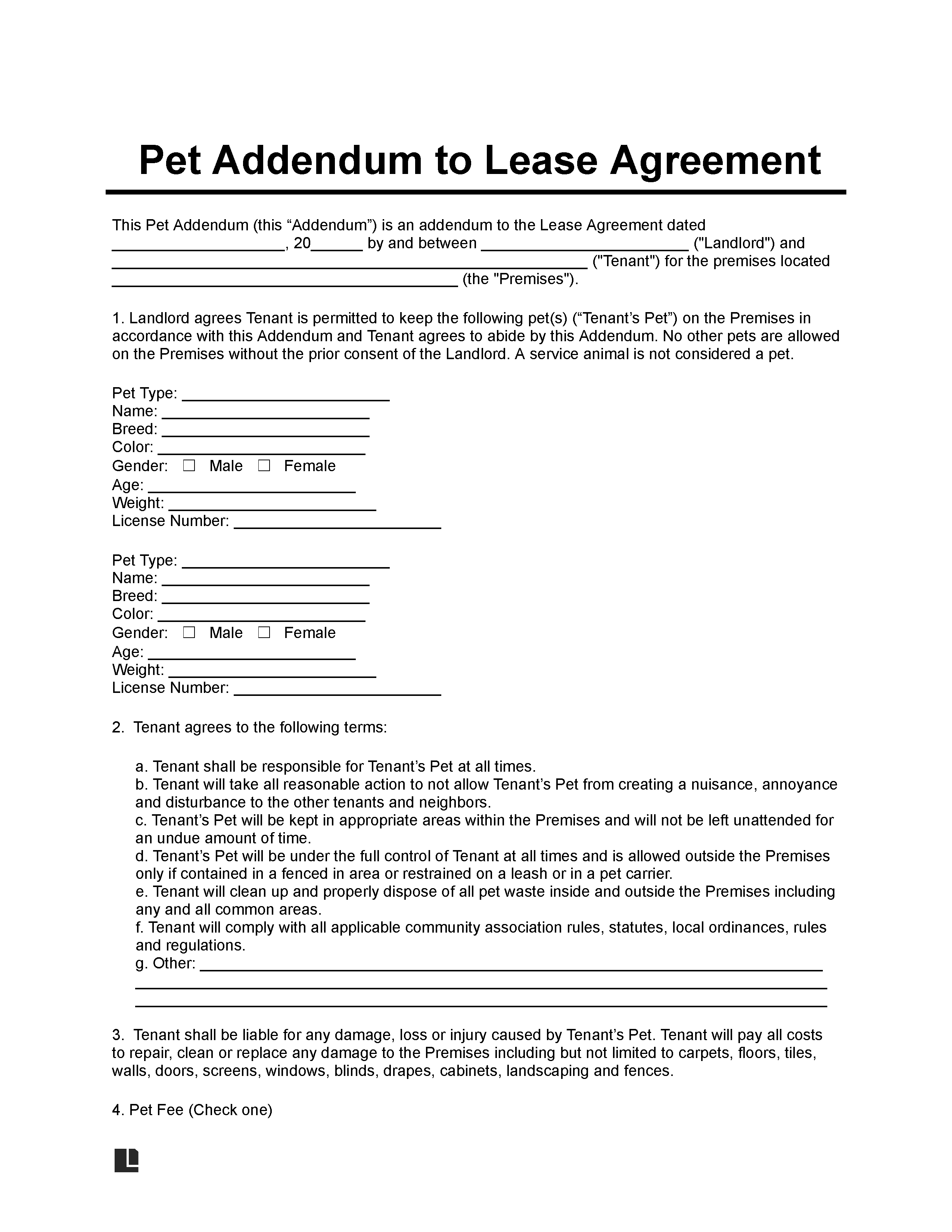 pet addendum to lease agreement template