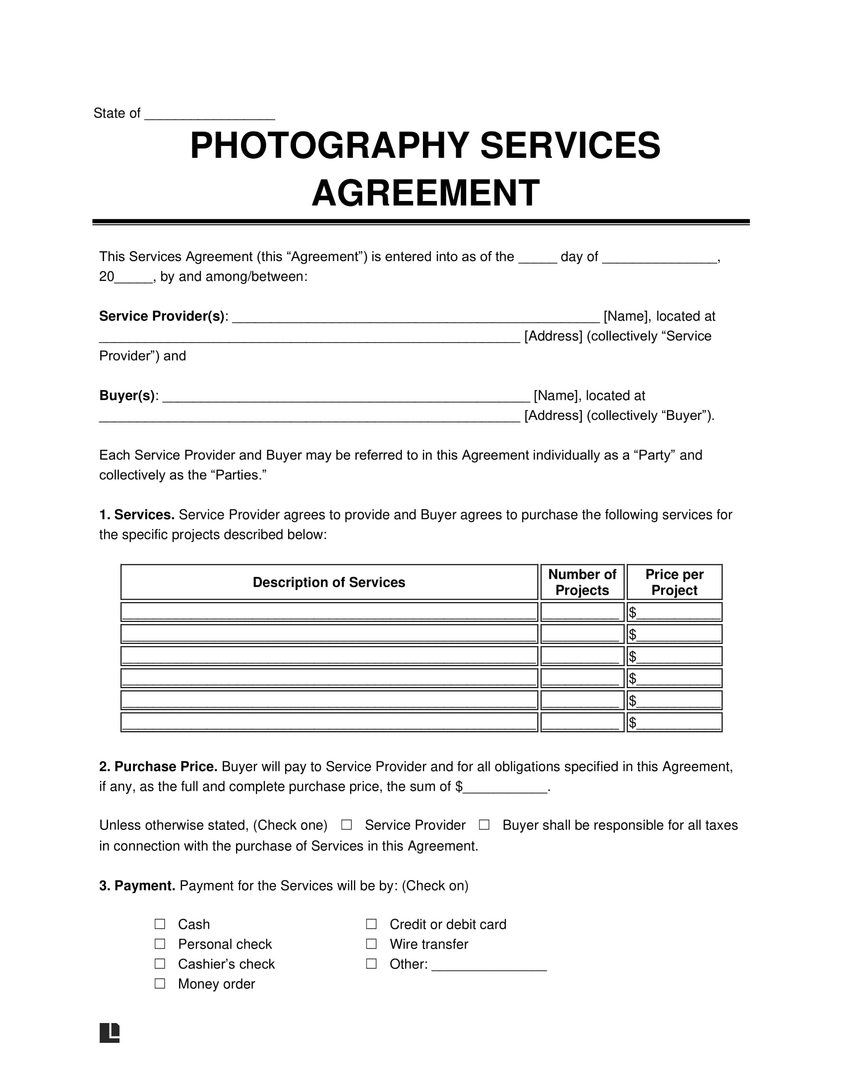 Photography contract screenshot