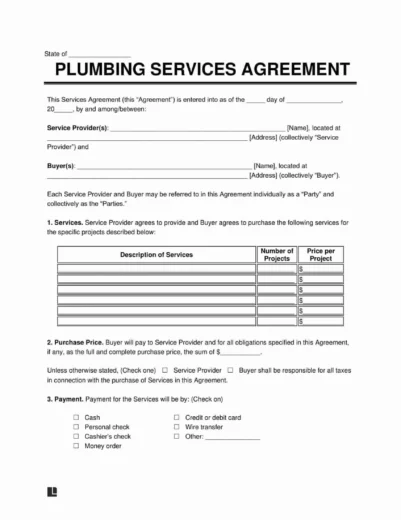 Plumbing Services Agreement Template