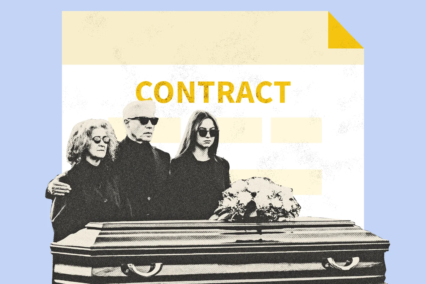 Group of people standing behind a casket with a big image of a contract behind them