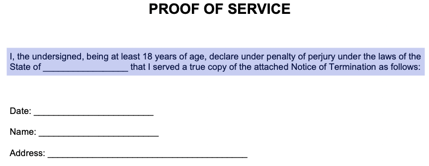 proof of service section in lease termination letter