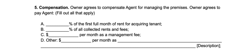 property managemenet agreement agent compensation
