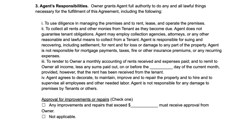 property management agreement agent responsibilities