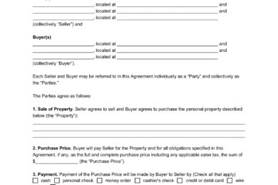 Sample of a purchase agreement or buy-sell contract