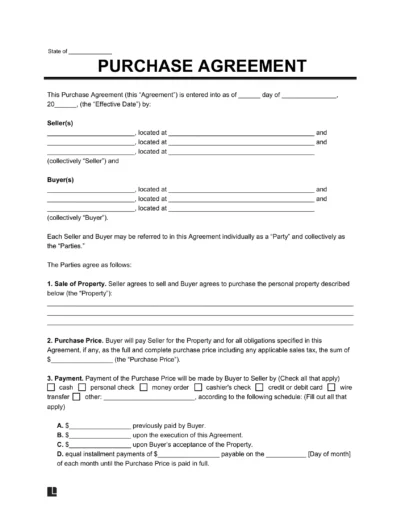 Sample of a purchase agreement or buy-sell contract