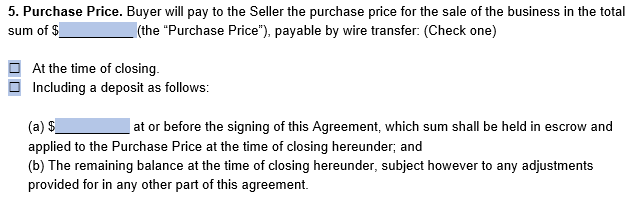 Purchase price screenshot from a business purchase agreement template