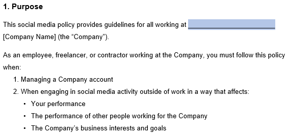 An example of the purpose section of our social media policy template. 