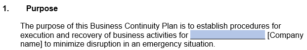 An example of where to include the purpose of your business continuity plan in our template.