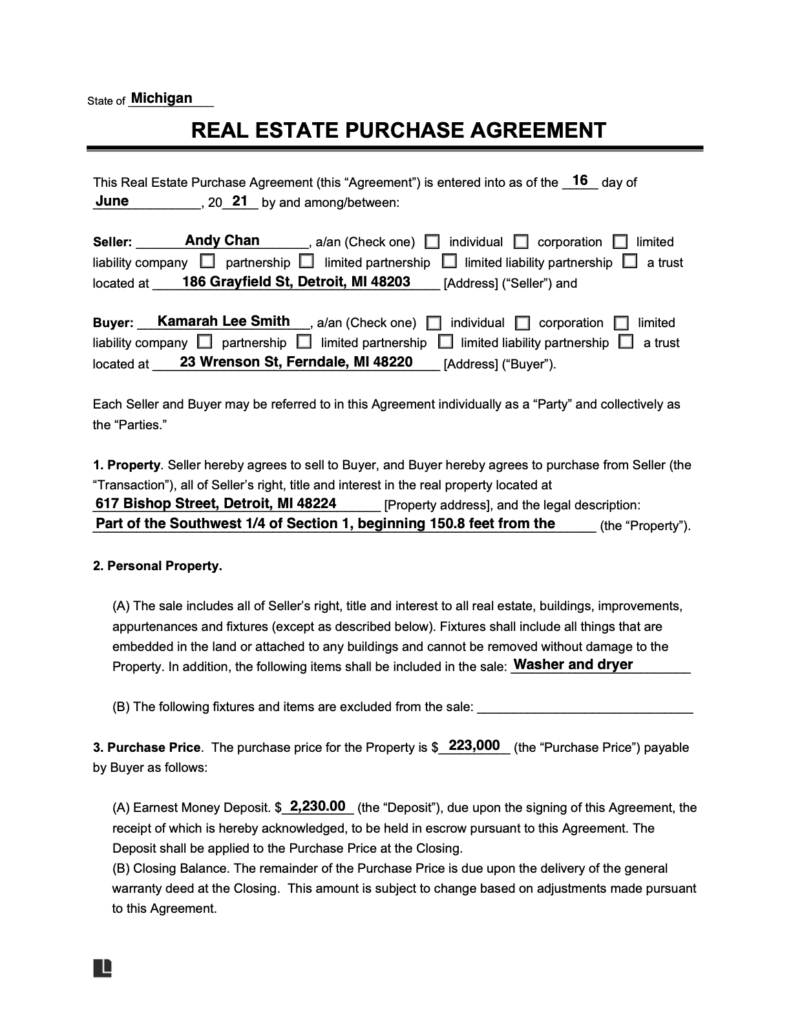 Real Estate Purchase Agreement Form Legal Templates