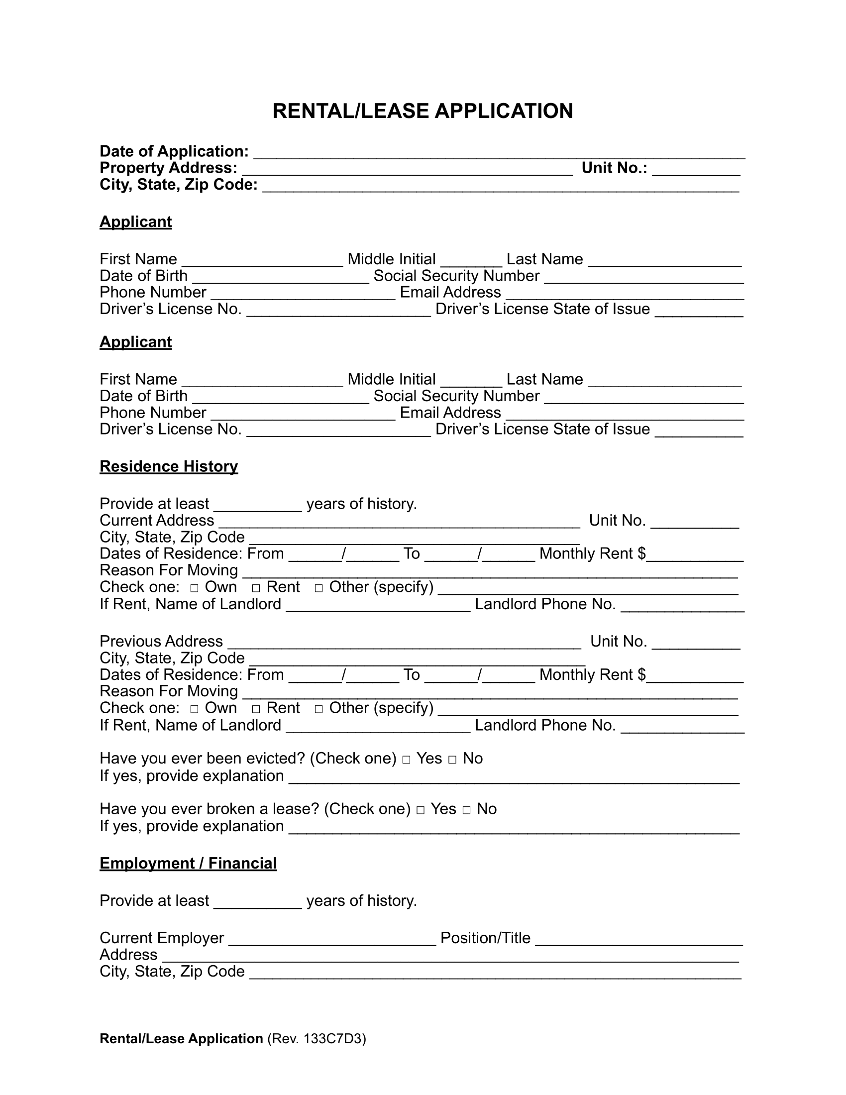 Rental Application Form Sample