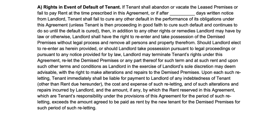 rights in the event of default tenant