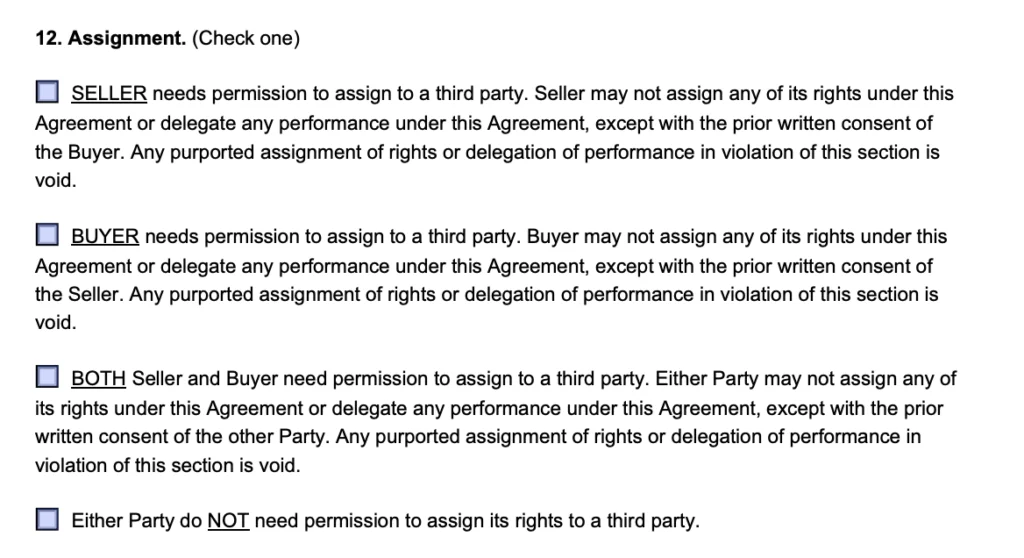 An example of where to include information about assignment details in a sales agreement