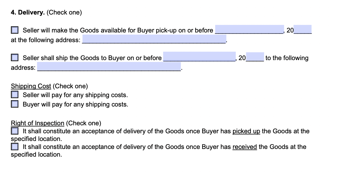 An example of where to include information about purchase and delivery details in a sales agreement